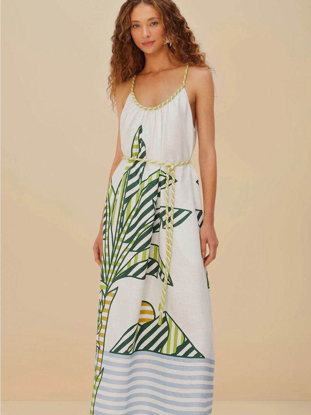 Nwt Farm Rio White Maxi Dress (S) With Green Palm Print And Yellow Rope Details
